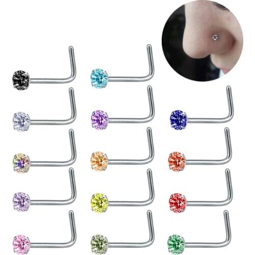 ZS 14 Pcs\lot Mix Color Crystal Nose Studs Rings Bar Stainless Steel Nose Piercing Pin Earrings Crystal Nariz Nose Body Jewelry