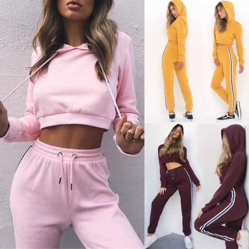 Tracksuit 2 pcs. Women Hoodies Set Sweatshirt Crop Top + Side Striped Pants Hoodie 2 Piece Set Female Clothing
