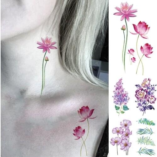 Waterproof Temporary Tattoo Sticker Pink Lotus Flowers Flash Tatoo Plant Leaves Arm Wrist Fake Tatto For Body Art Women Men
