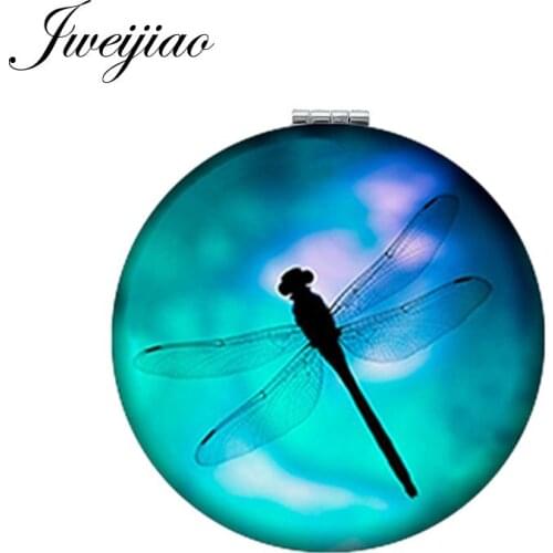 Youhaken Dragonfly Art Picture Round Makeup Mirror PU Leather Mini Folding Compact Portable 1X/2X Magnifying Pocket Mirror