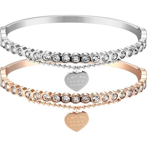 316L Stainless Steel Women Bling CZ Crystal Iced Out Brand Jewelry Bangle Bracelet Wait For You Forever Heart Charm Gem bangle