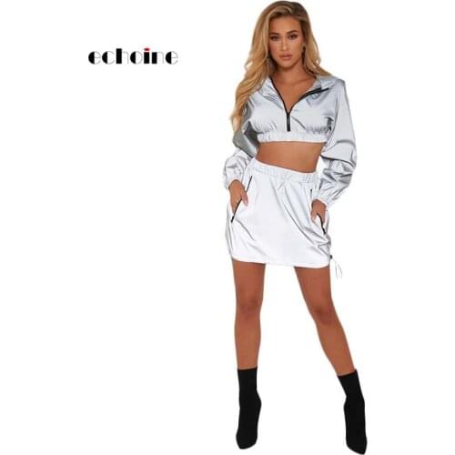 Echoine Women 2 Piece Set Sexy Reflective Light Crop Tops Hooded Long Sleeved Gray Mini Skirts Sports Suits Pullover Windbreaker