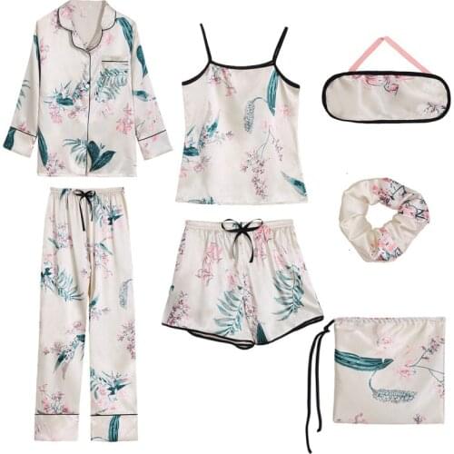 Lisacmvpnel 7 Pcs Multiple Matches Women Pajama Set Ice Silk Printing Fashion Long Sleeve Trousers Set Sleepwear