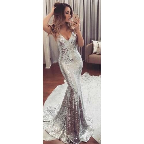 Vkbridal Silver V-Neck Mermaid Sequin Prom Dresses Long Party Dresses Sexy Criss-cross Back Formal Evening Gowns for Women