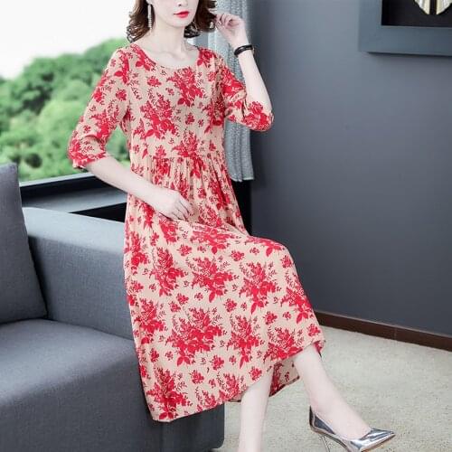 2021 Vintage Red Print Mulberry Silk Midi Dress Summer Fashion 4XL Plus Size Runway Dress Elegant Women Bodycon Party Vestidos