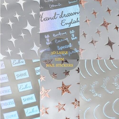 1 Pc 3D Gold Silver Laser Nail Art Stickers Star English Design Nail Tip Decoration Manicure Acrylic Adhesive Decals XQL34