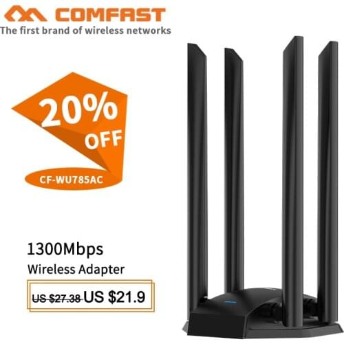 1300Mbps free driver wireless network card 802.11ac 2.4g+5.8g strong signal high power usb wifi adapter with 4*6dBi antenna wifi