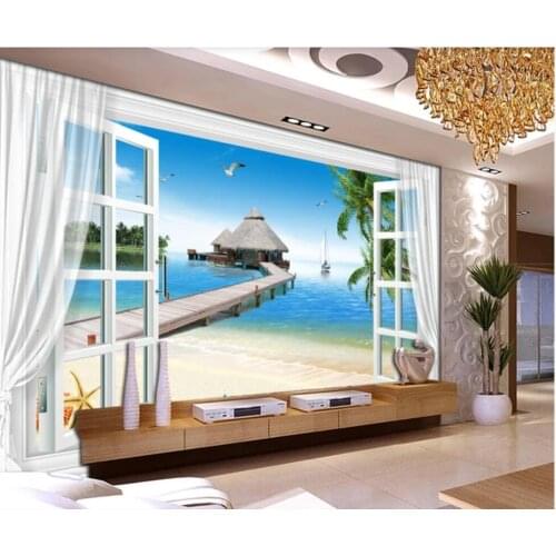 3d photo wallpaper custom mural Blue sky and white clouds 3d window curtain beach wooden house wall paper in the living room