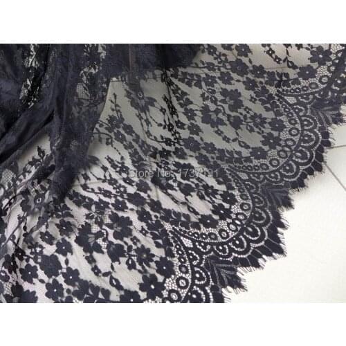 Black Lace Fabric, Romantic Floral Scalloped Fabric, Elegant Wedding Gown Lace Fabric, Black Lace Dress Fabric by the yard