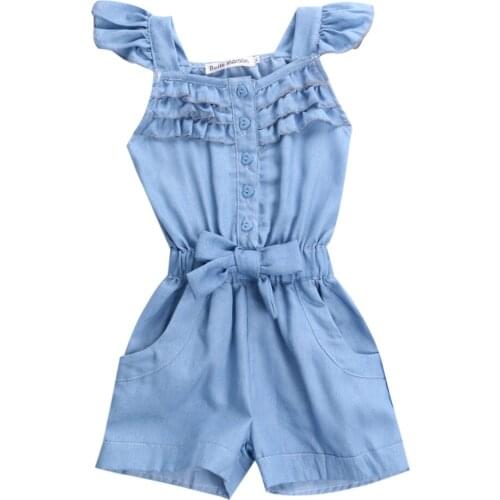 Summer 2018 Toddler Kids Girl Cotton Washed Jeans Denim Casual Bow Girls Kids Summer Soft Jumpsuit Playsuit Clothing One-piece