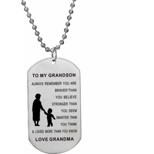 To My Grandson Love Grandpa Stainless Steel Dog Tag Charm Family Engraved Letter Beaded Necklace For Children Kids Boy Gift