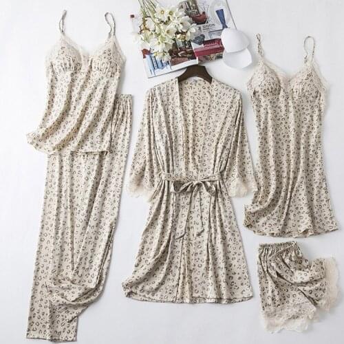 Spring Summer Robe Kimono Gown Loose Casual Sleep Set Sleepwear Printed Leopard 5PCS Pajamas Set Women Sexy Lace Pijamas Suit