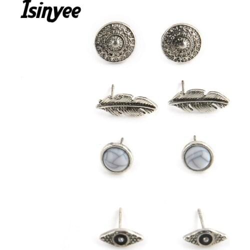 ISINYEE 4 pairs/set Fashion Leaf Evil Eye Circle Stud Earrings Sets For Women Vintage Gold Silver Small Earring Metal Jewelry
