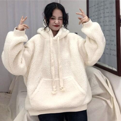 Cashmere Thickened Hooded Sweatshirt For Womens Winter Korean Version Loose Solid Color Simple Hoodies Wm