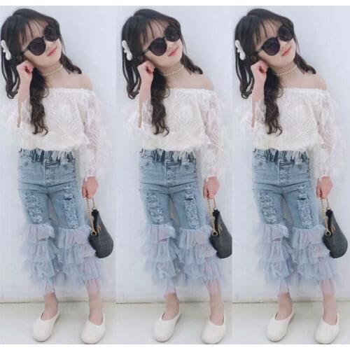 Summer Kids Girl Princess Elegant Clothes Lace Mesh Off-Shoulder T-shirt +Ruffle Hole Long Denim Pants Outfits