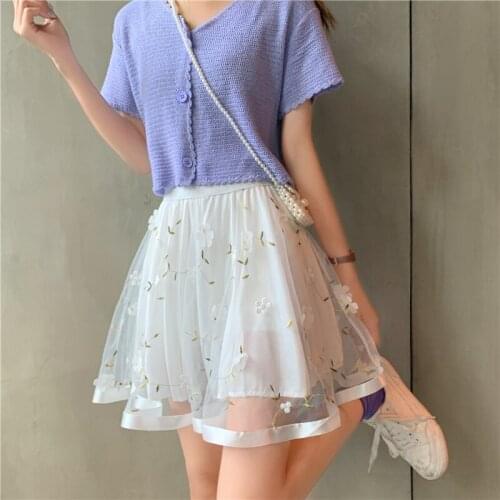2021 Summer Fairy Mesh Girls Mini Skirt Korean Fashion Cute Floral High Waist Elastic Pleated Women Skirts Casual Princess Skirt