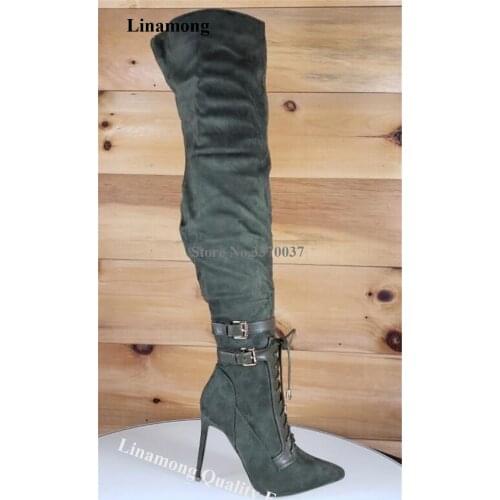 Western Fashion Style Pointed Toe Suede Leather Stiletto Heel Over Knee Gladiator Boots Army Green Lace-up High Heel Long Boots