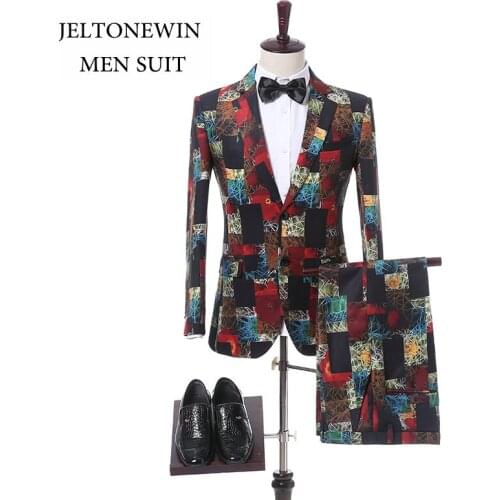 2020 New Arrival 2 Piece Set Wedding Dress Groom Men Suit Slim Fit Casual Floral Printed Tuxedo For Men Groomsman Best Man Suit