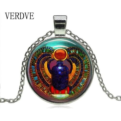New Antique Scarab Necklace Egyptian Scarab Glass Tile Cabochon Pendant Necklace Retro Women Men Egytian Jewelry Gifts