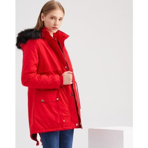Women Fleece Cotton Parka Jacket Fur Hooded Winter Snow Coat Red Thickened Warm Overcoat Fur Lined Outerwear Jacket