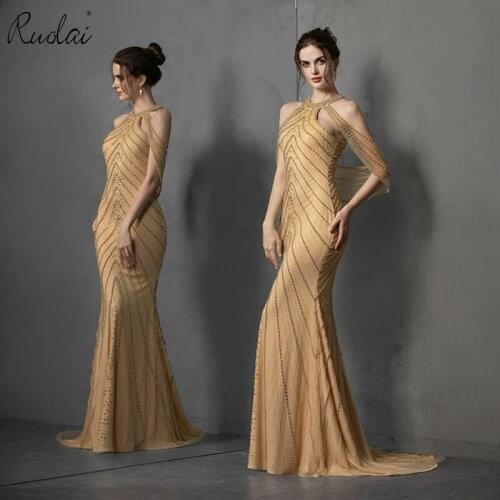 Luxury Beading Gold Color Beading Evening Dress Halter Mermaid Dresses Women Long Party Gown vestidos de fiesta de noche