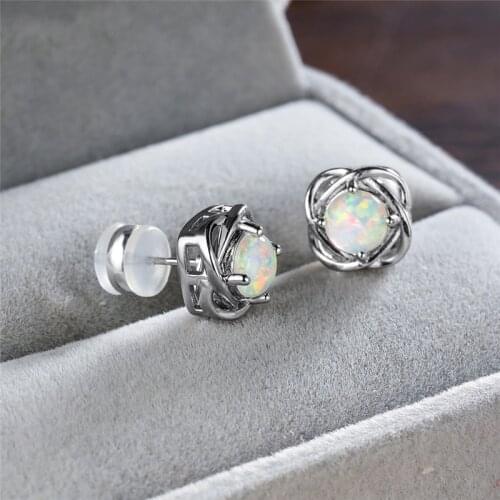 White Fire Opal Stud Earrings Multicolor Round Stone Earrings For Women Engagement Jewelry Vintage Silver Color Wedding Earrings