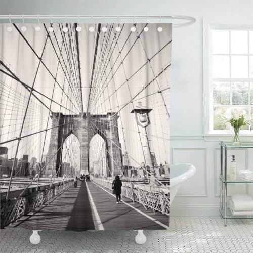 Fabric Shower Curtain with Hooks City Vintage of Brooklyn Bridge in New York USA Old Skyline NYC Cityscape Tourist
