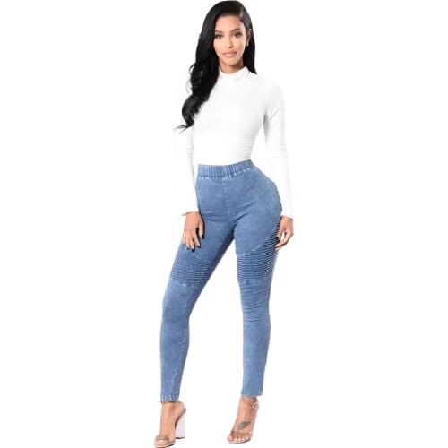 Casual Womens Trousers Solid Color Elastic Waist Folds Skinny Women Pants High-quality Large-size High Street Feminine Jeans