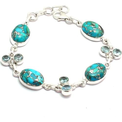 Genuine Blue Copper Turquoise + Blue Topaz Bracelet 925 Sterling Silver, Women Fine Jewelry Gift, 19 cm, MHBBR0188
