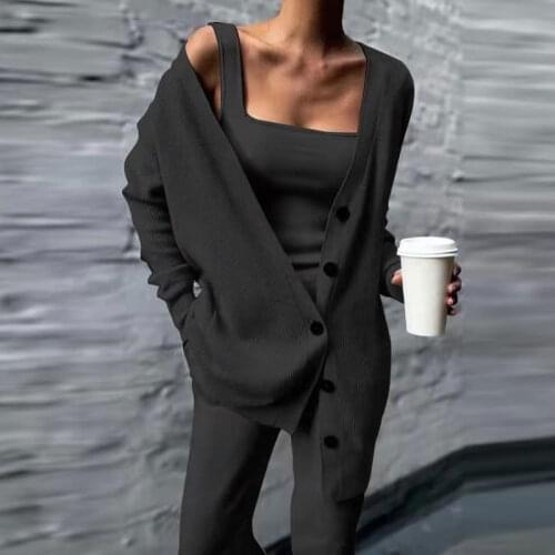 Plus Size 4XL Women Three Piece Set Autumn Winter Solid Cardigan Top Tank Top Long Pants Suit Casual Loose Female Suit Tracksuit