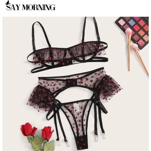 SAY MORNING Sexy Women Lace Dot Print Lingerie Set Ladies Bandage Thong Underwear Set Nightwear Sleepwear Sexy Babydolls