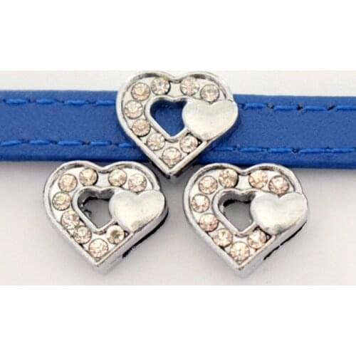 10PCS 8mm Silver Rhinestone Double Heart Slide Charms Slide Beads DIY 8mm Bracelets Wristbands,Belt Straps Pet Name Collar