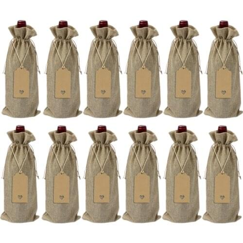 12 Pieces Burlap Wine Bags Jute Wine Bottle Bags with Drawstrings Reusable Wine Gift Bags with Tags for Party Blind Tasting Birt