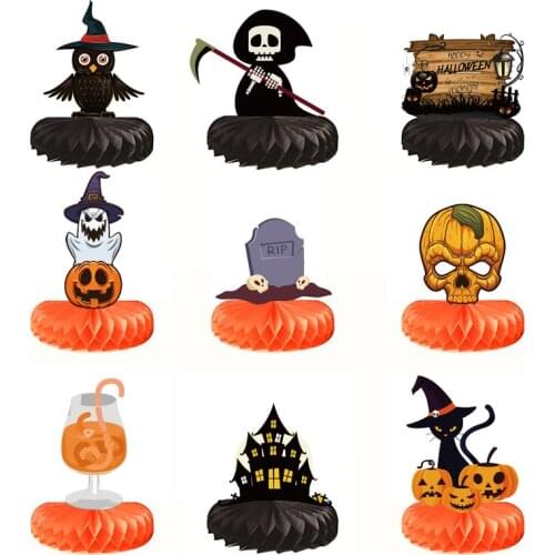9Pcs Halloween Honeycomb Desktop Paper Decoration Witch Black Cat Pumpkin Decoration Honeycomb Decoration