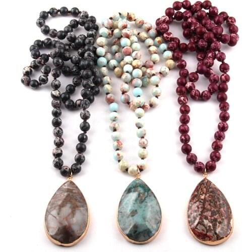 Free Shipping Fashion The Emperor Bead Semi Precious Stones long Knotted Stone Drop Pendant Necklaces Women Ethnic Necklace