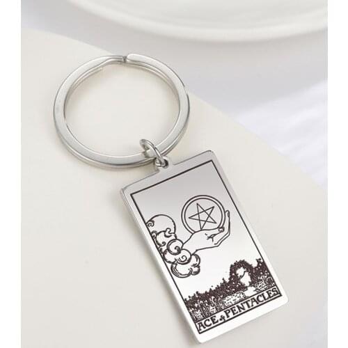 COOLTIME Stainless Steel Engraved Retro Pentacles Tarot Card Keychain Gold Silver Color Accessories Buckle Fashion Jewelry