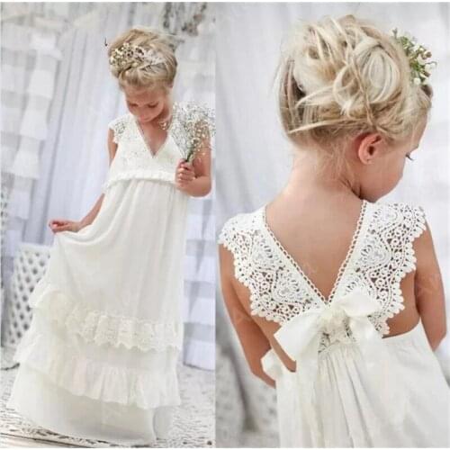 Amaya Boho Long Flower Girls Dresses For Weddings V Neck Lace Applique A Line Special Occasion Communion Birthday Gowns