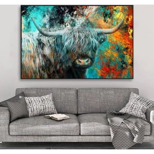 Highland Cow Graffiti Painting Style Wall Art Painting Canvas Home Decor Picture for Living Room Home Office Decoration