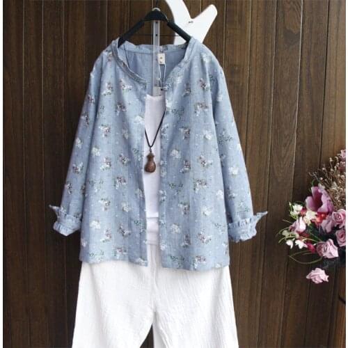 Literary Retro Buckle Cotton And Linen Long-Sleeved Floral Shirt Female Spring New Casual Cardigan Loose Blouse Tops 5 Colors