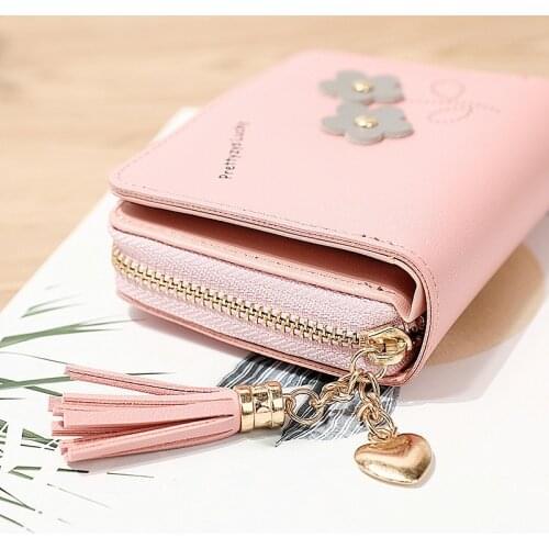 Flower Tassel Zipper Women Wallet Leather Short Coin Purse Cards Holder Money Bags Mini Wallet Flower Wallets Girls Carteira