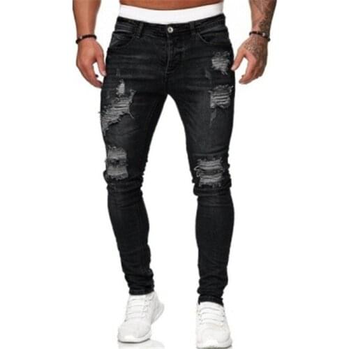 2021 Mens Trousers Broken Hole Worn white Slim Fit denim Pencil pants jeans Black Medium Stretchy Casual Jogging Street Clothes