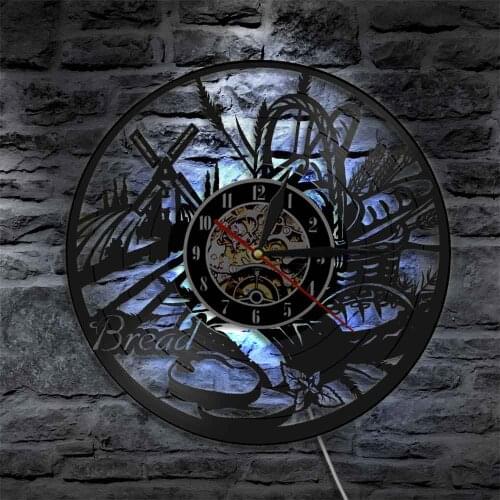 Nordic Breakfast Food Wall Art Clock Bread Wheat Vinyl Record Wall Clock with LED Light Kitchen Decorative Modern Design Gift