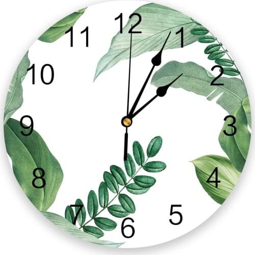 Nordic Green Leaves Tropical Plant White Living Room Clock Wall Round Clocks Decor Home Bedroom Kitchen Decoration Wall Clocks