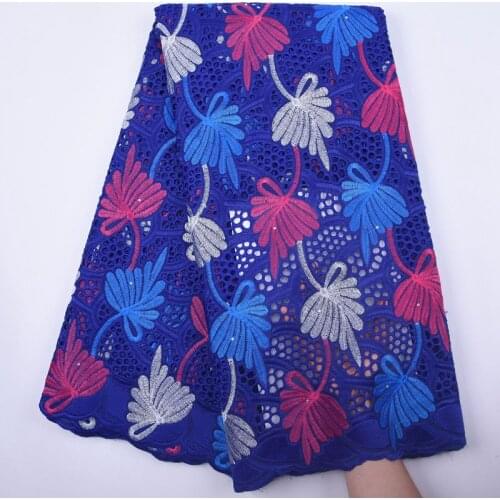 Latest Royal Blue African Punch Cotton Lace Fabric Swiss Voile Lace In Switzerland With Stones For Wedding Dress 5 Yards S1854