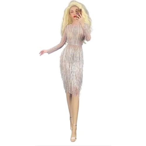 New Sparkly Rhinestone Pearl Fringes Short Dress Women Evening Prom Party Birthday Dresses Sexy Tassel Stage Wear Dance Costume