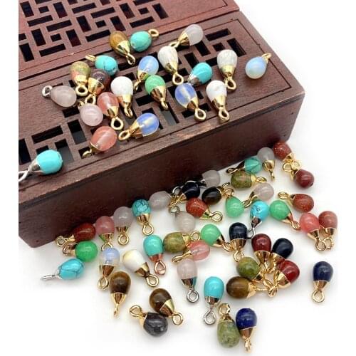 Natural Stone Drop-shaped Necklace Pendant Tiger Eye Stone Flower Green Stone Crystal Electroplating Color Jewelry Making 3pcs