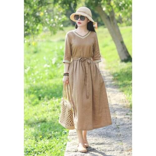 Dress Women 2020 Autumn New Travel Literary Cotton And Linen V-neck Dress Robe