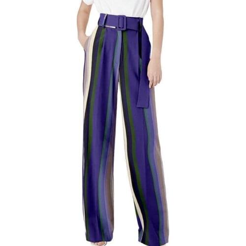 Striped Summer Women Pants With Belt Loose Fashion Wide-Leg Pants Casual Color Matching High-Waist Pant In Stock