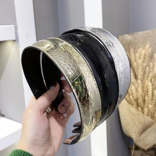 Fashion headband boutique hair accessories women PU faux leather snake pattern light board wide side hairbands headband headwear