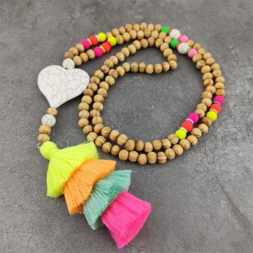 Dropshipping Bohemian Ethnic Vintage Colorful Tassel Wood Beads Statement Necklace Star Heart Stone Boho Long Necklace For Women